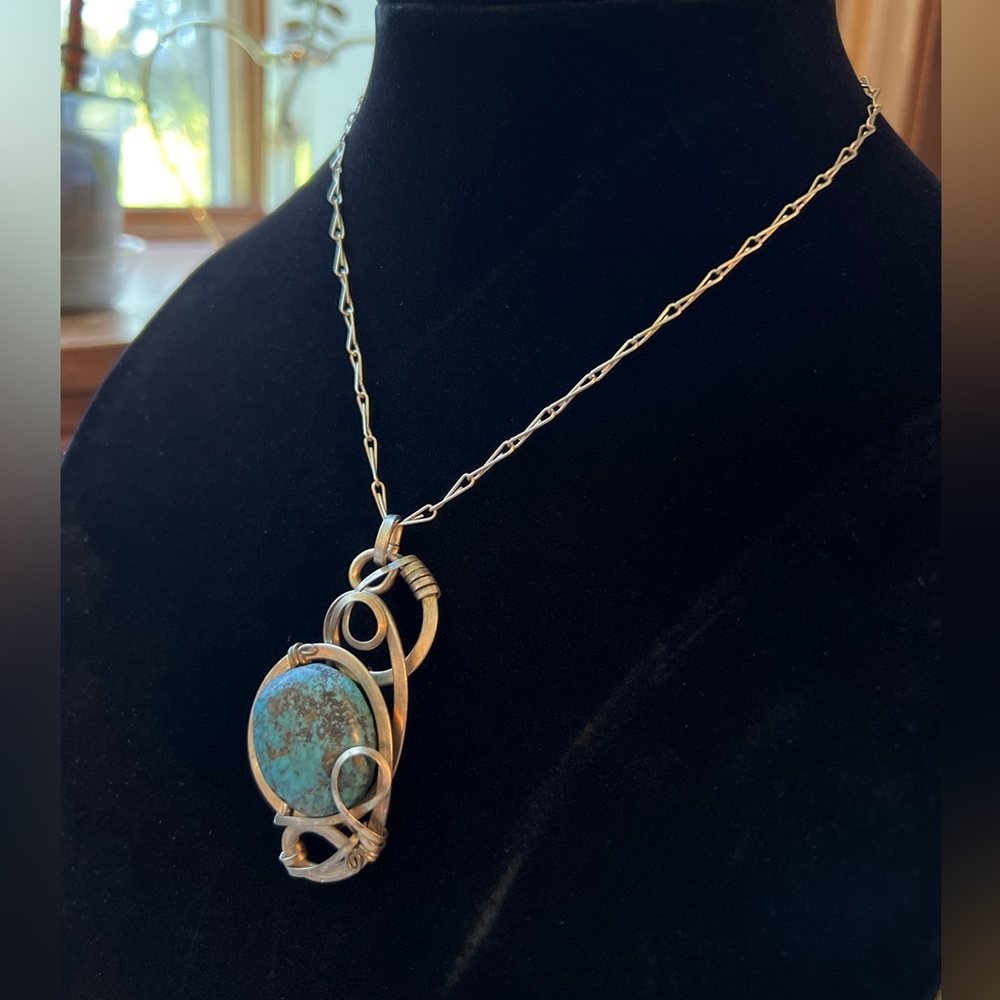 Artistic Wire Wrapped Stone Pendant Necklace - Silver & Turquoise Colored - Picture 3 of 12